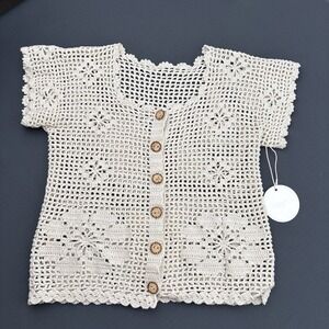 Vintage Handmade Crochet Short Sleeve‎ Cardigan Beige Floral Y2K S/M